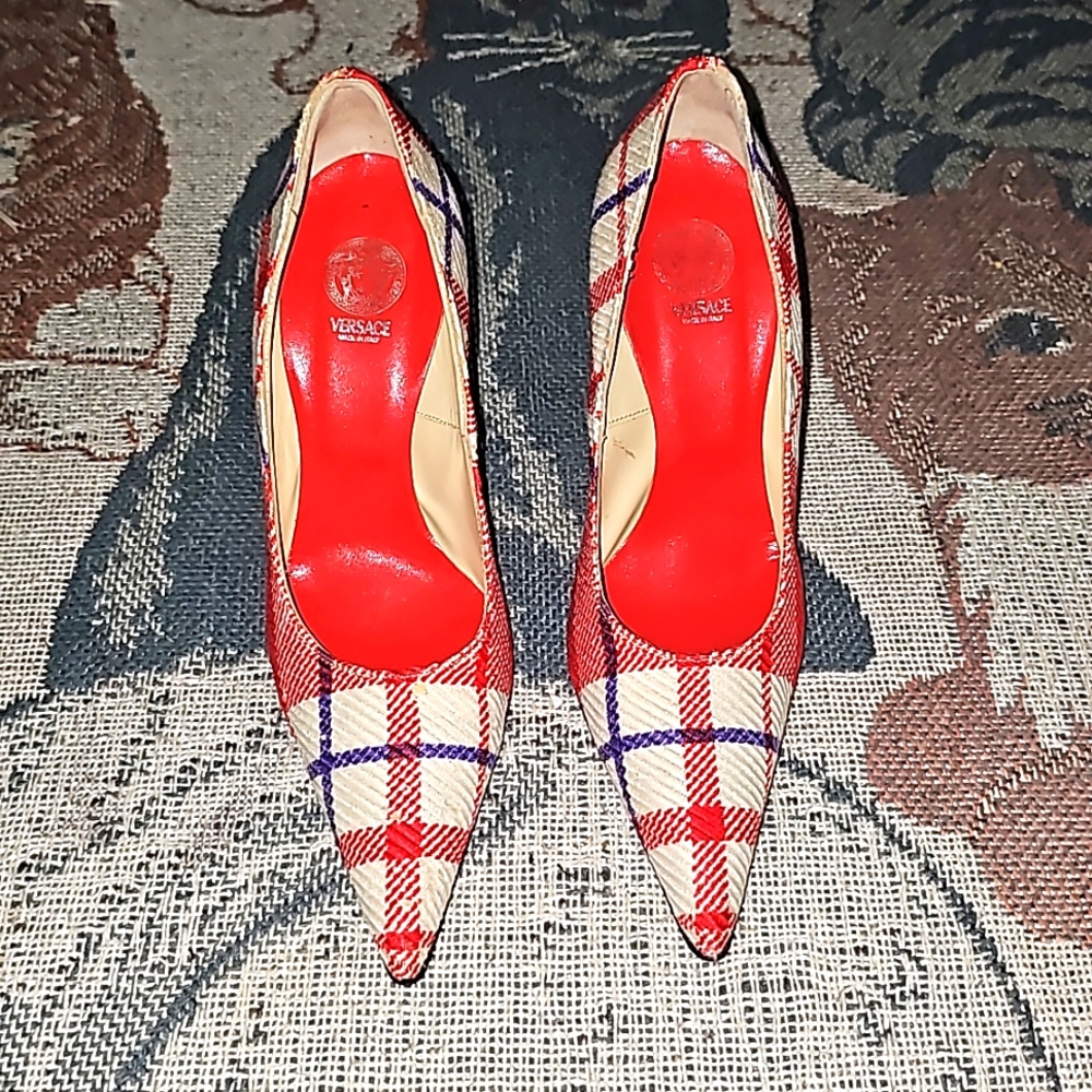 Versace Salon plaid heels fabric metallic heel multicolored red cream blue